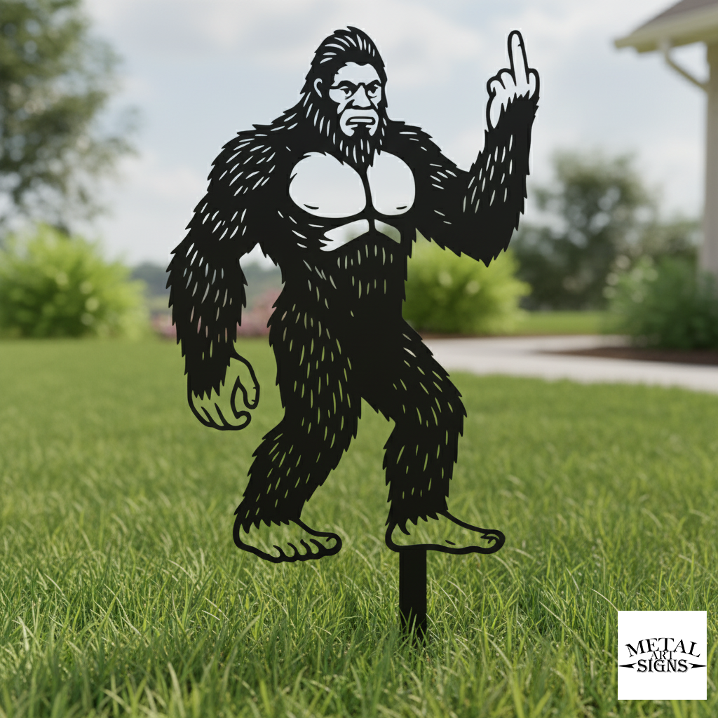 bigfoot metal garden stake flipping off funny sign