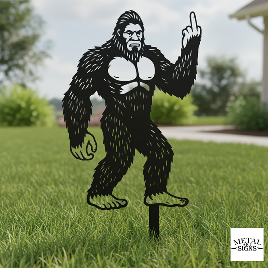 bigfoot metal garden stake flipping off funny sign