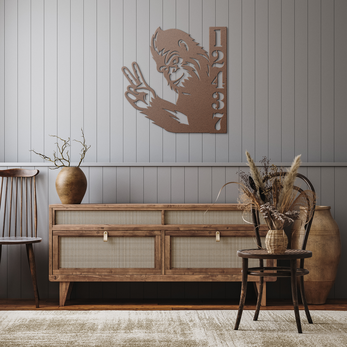 Bigfoot_Peace_Custom_Address_Sign__Pers_Copper_Rustic_Hallway_Mockup.png