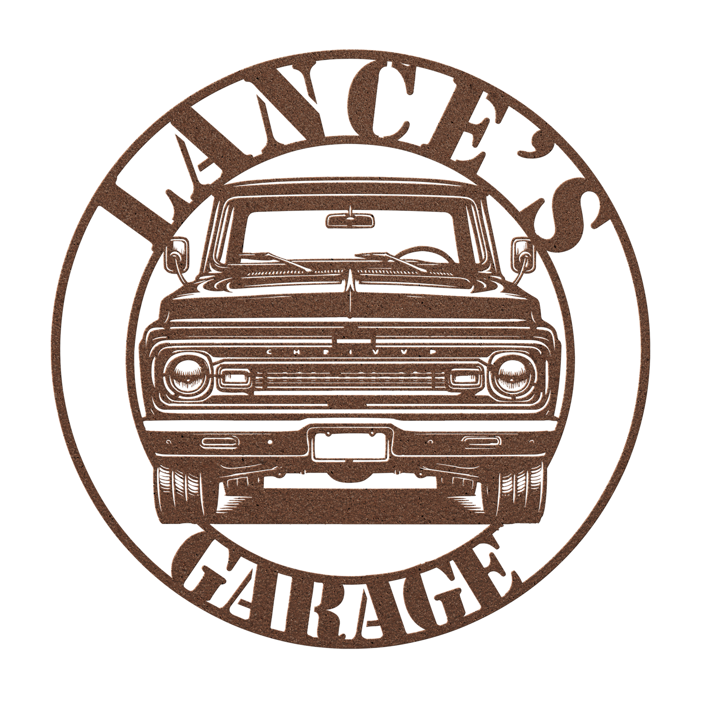 Outdoor garage wall featuring silver Chevy pickup metal art