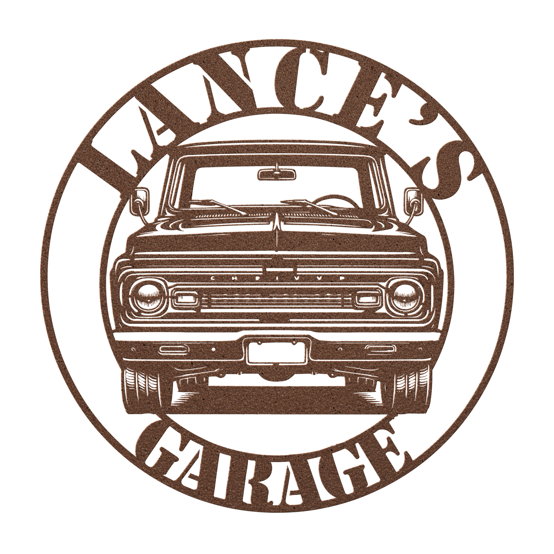 Outdoor garage wall featuring silver Chevy pickup metal art