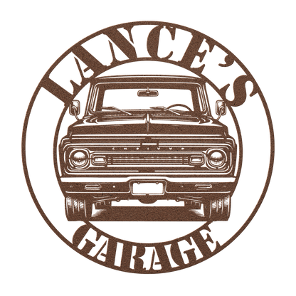 Outdoor garage wall featuring silver Chevy pickup metal art