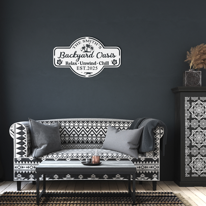 Custom_Backyard_Oasis_Metal_Sign_Persona_White_Dark_Living_Room_Mockup.png