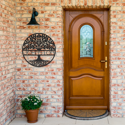 Custom_Name_Tree_of_Life_Metal_Sign___Black_Brick_Entrance_Mockup.png