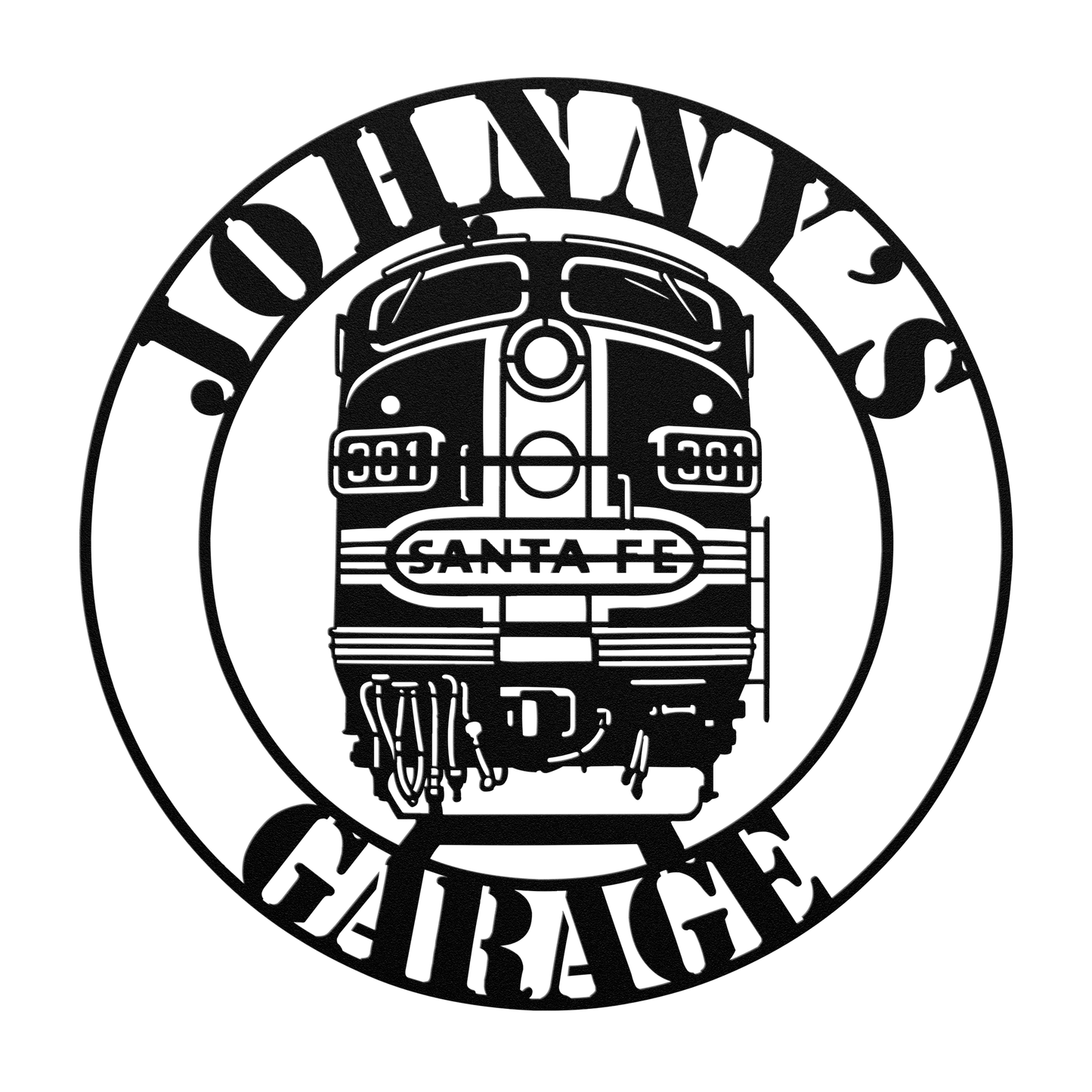 Train hobby metal sign in black displayed in collector’s garage