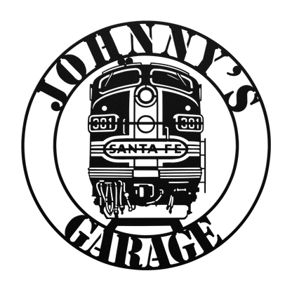 Train hobby metal sign in black displayed in collector’s garage