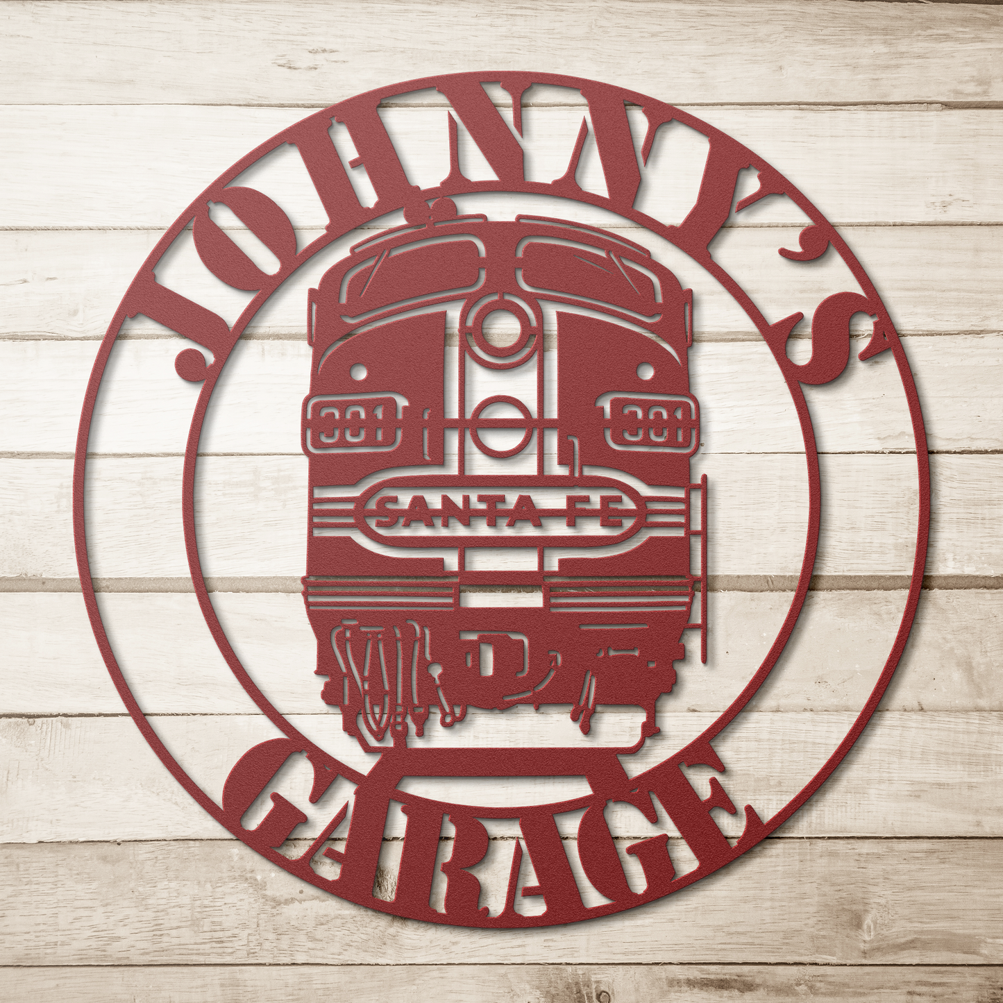Red personalized railroad wall sign for train hobby room