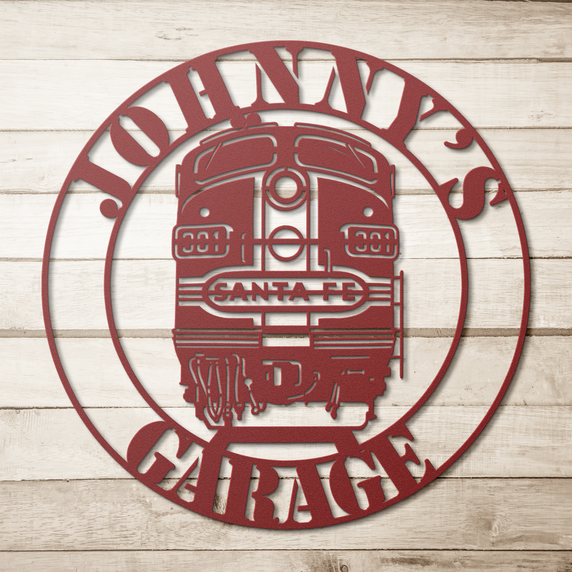 Red personalized railroad wall sign for train hobby room