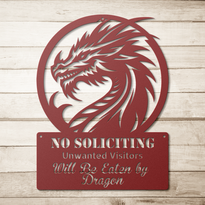 Funny no soliciting dragon sign – custom metal warning plaque