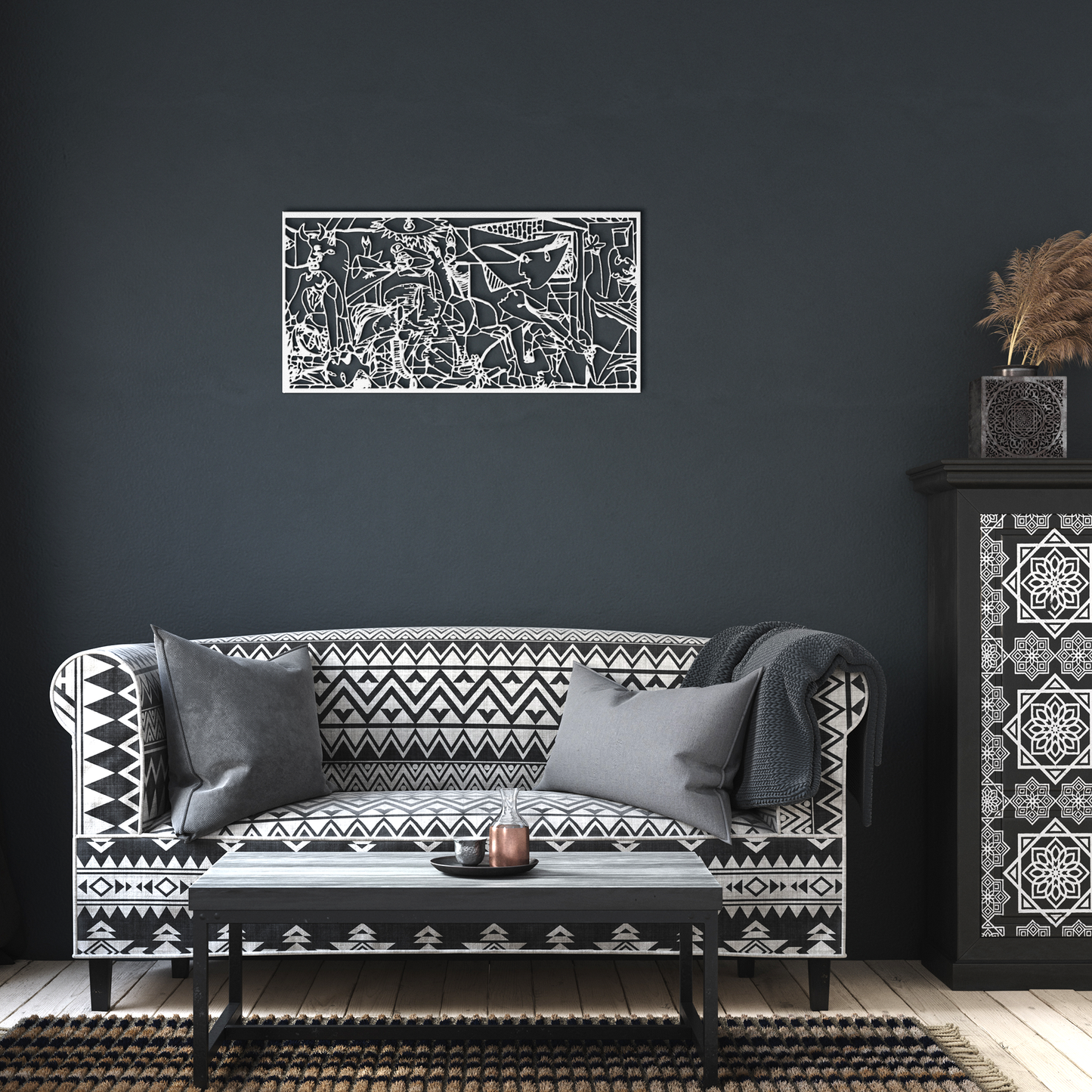 Guernica_Metal_Wall_Art_Pablo_Picasso_G_White_Dark_Living_Room_Mockup.png