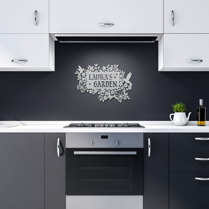 Hanging_Metal_Sign_Custom_Secret_Garden__Silver_Dark_Kitchen_Mockup.png