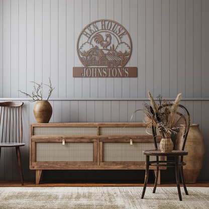 Hen_House_Metal_Sign__Personalized_Ch_Copper_Rustic_Hallway_Mockup.png