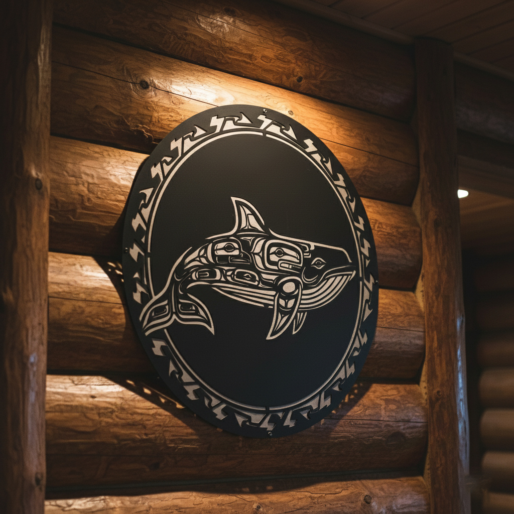 Tribal whale steel wall decor
