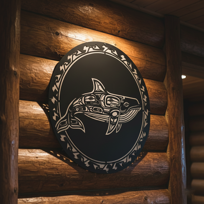 Tribal whale steel wall decor