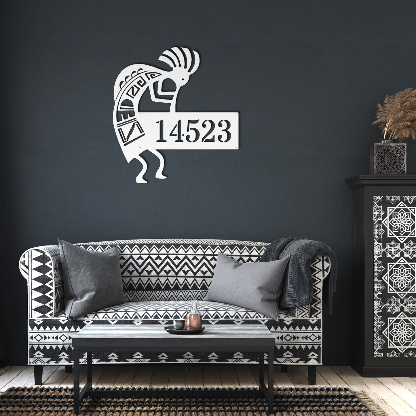 Kokopelli_Address_Metal_Sign__Custom__White_Dark_Living_Room_Mockup.png