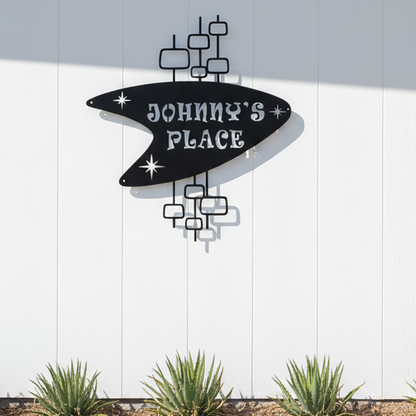Mid century modern boomerang metal sign