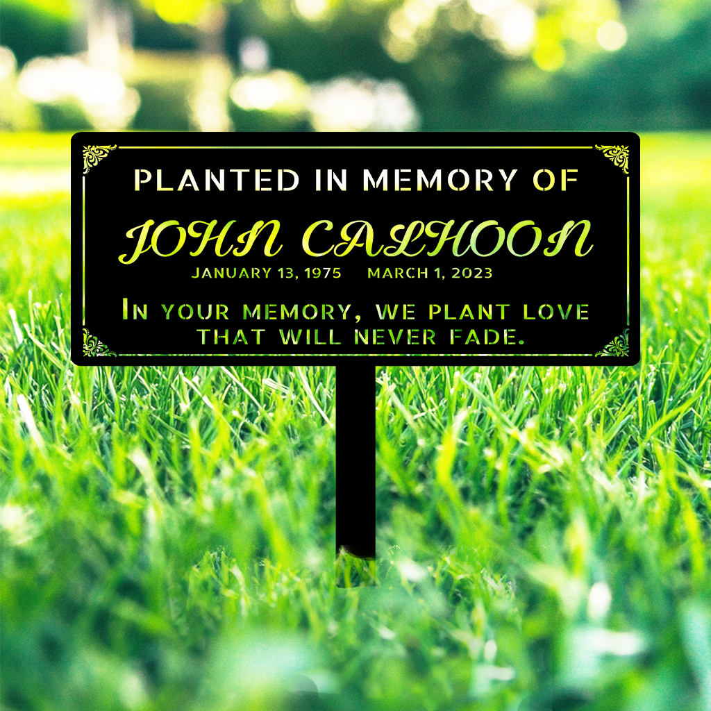 Memorial tree plaque with stake in black finish mounted beside tree