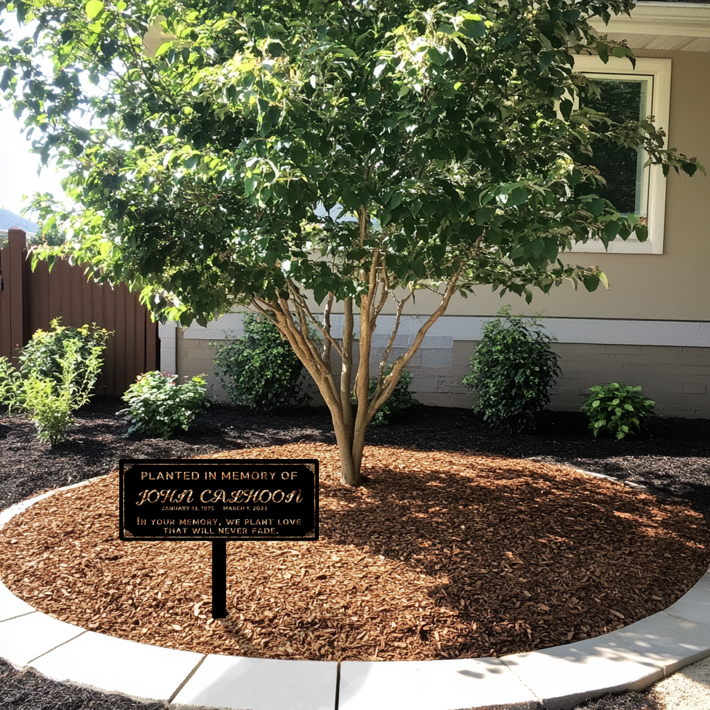 Close-up of engraved name on durable garden marker