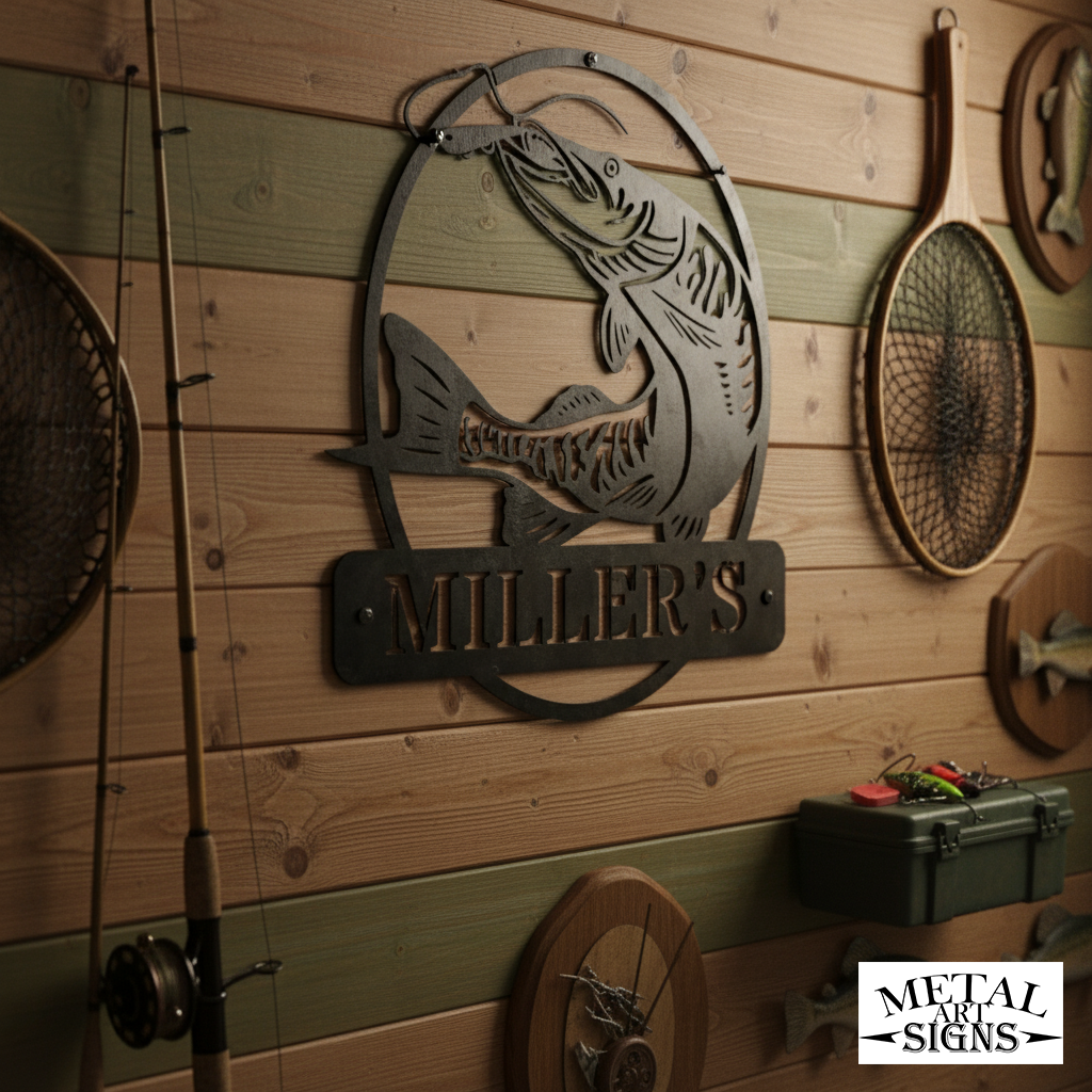 Muskie fishing metal wall sign for cabin