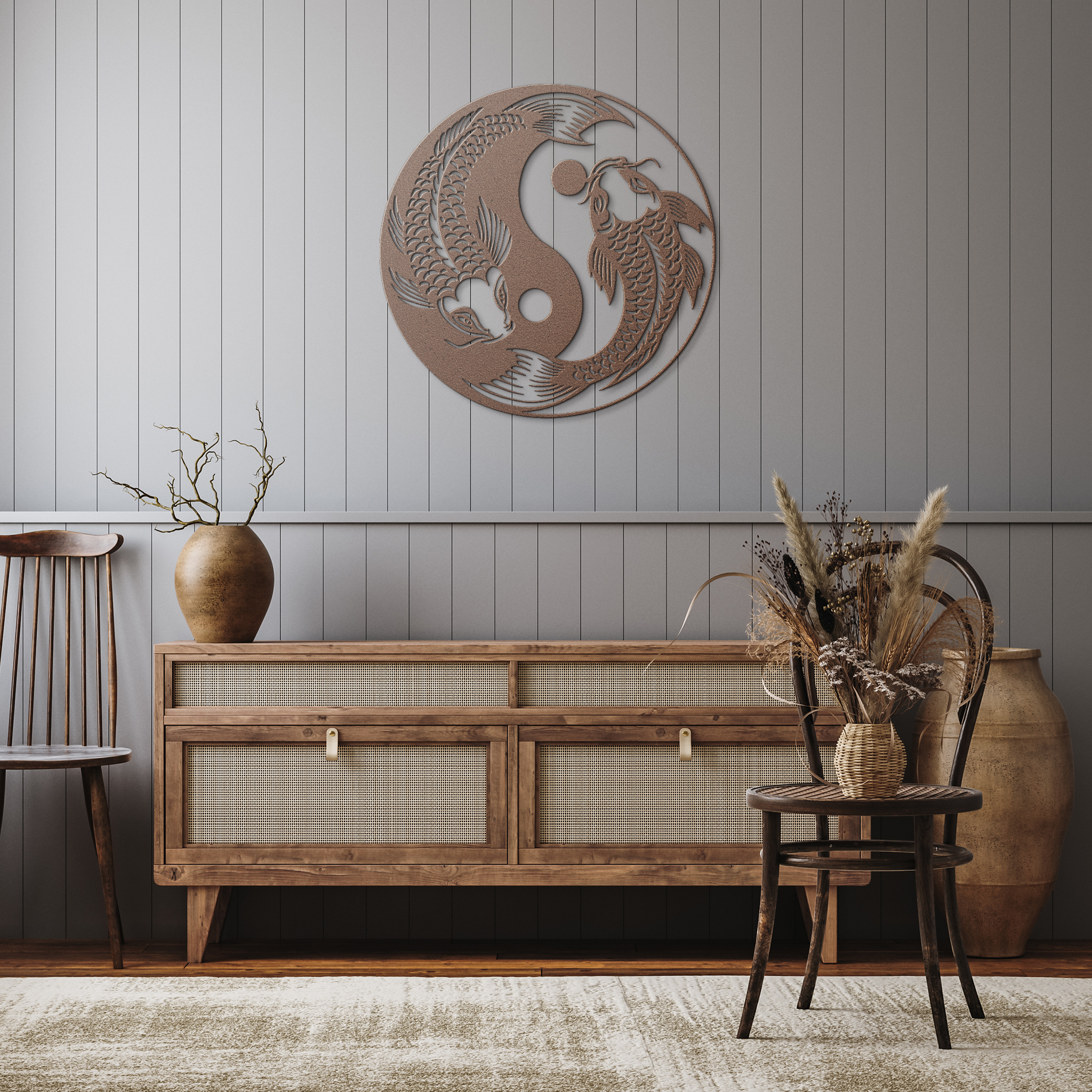 Metal_Koi_Fish_Wall_Art__Yin_Yang_Zen_Copper_Rustic_Hallway_Mockup.png