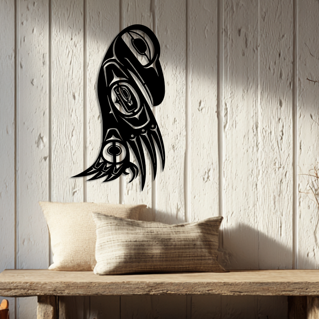 Northwest tribal raven totem pole metal wall art