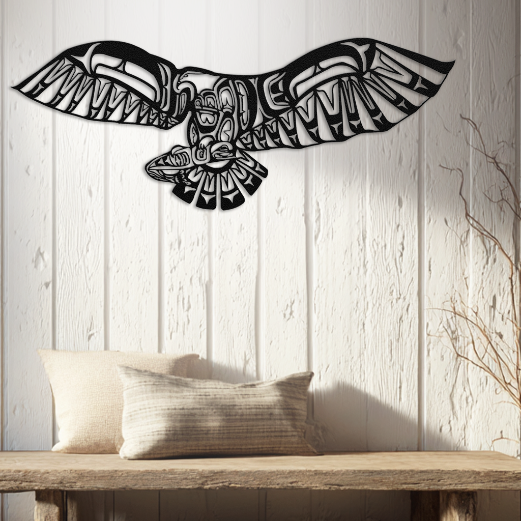 Northwest coastal eagle catching salmon steel wall art