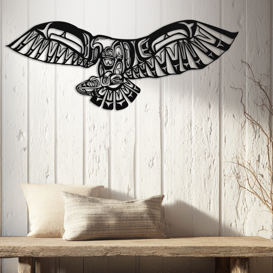 Northwest coastal eagle catching salmon steel wall art