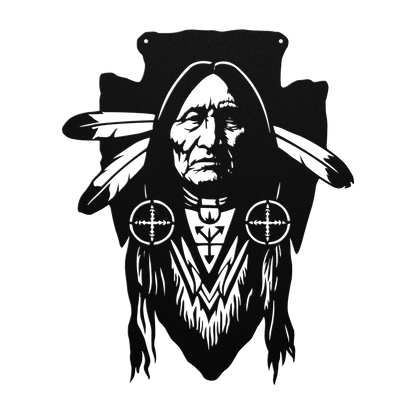 Red tribal warrior wall decor displayed above a stone fireplace