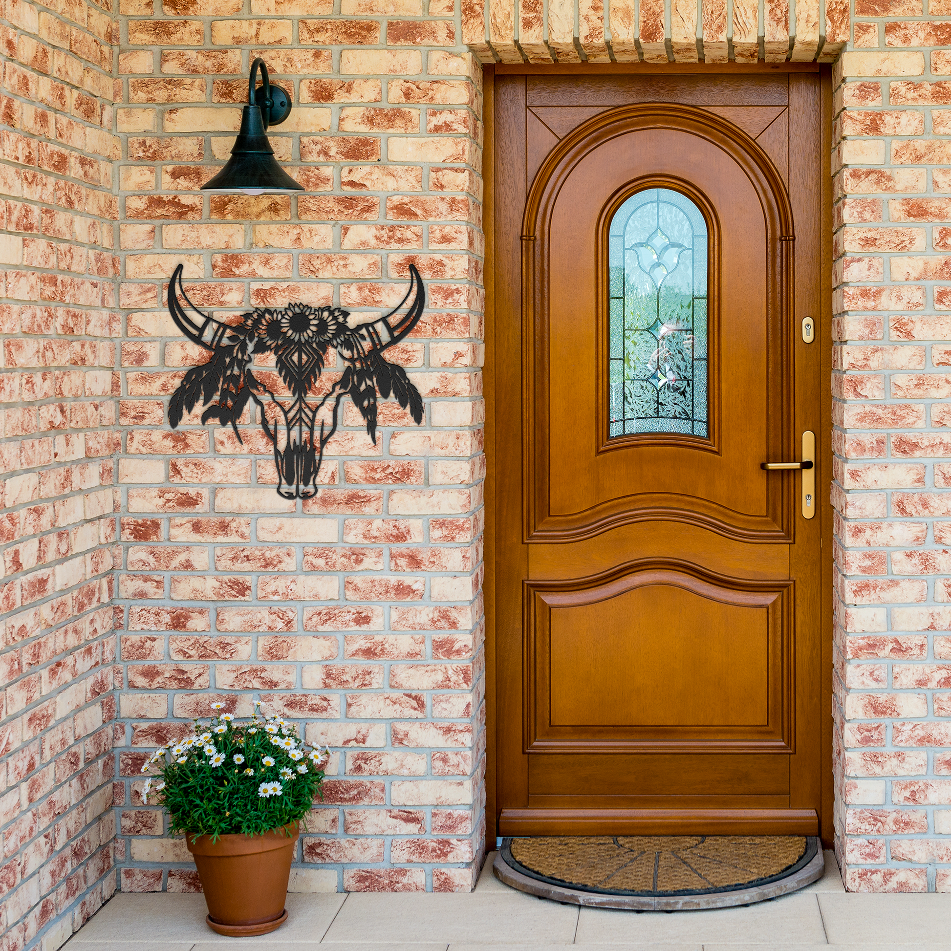 Native_American_Floral_Cow_Skull_Metal_S_Black_Brick_Entrance_Mockup.png