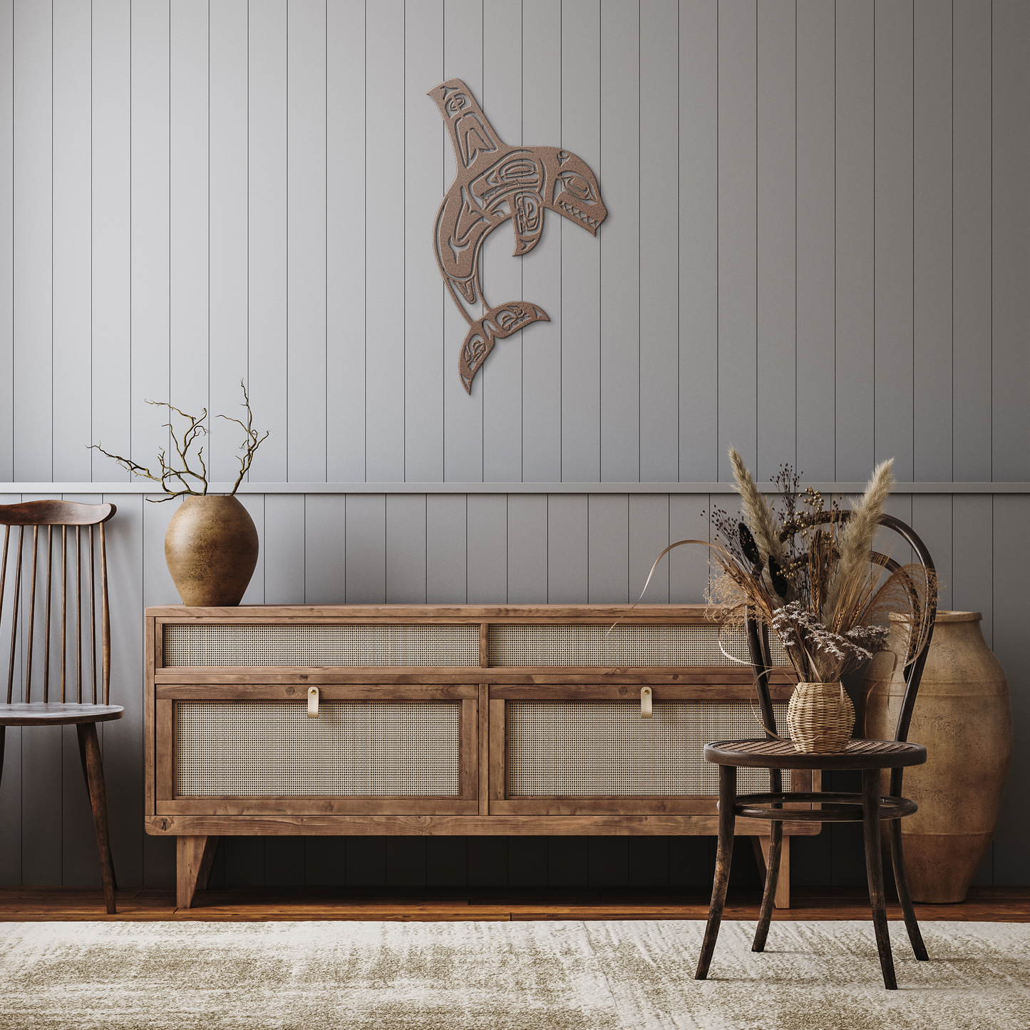 Northwest_Tribal_Orca_Totem_Pole_Metal_A_Copper_Rustic_Hallway_Mockup.png