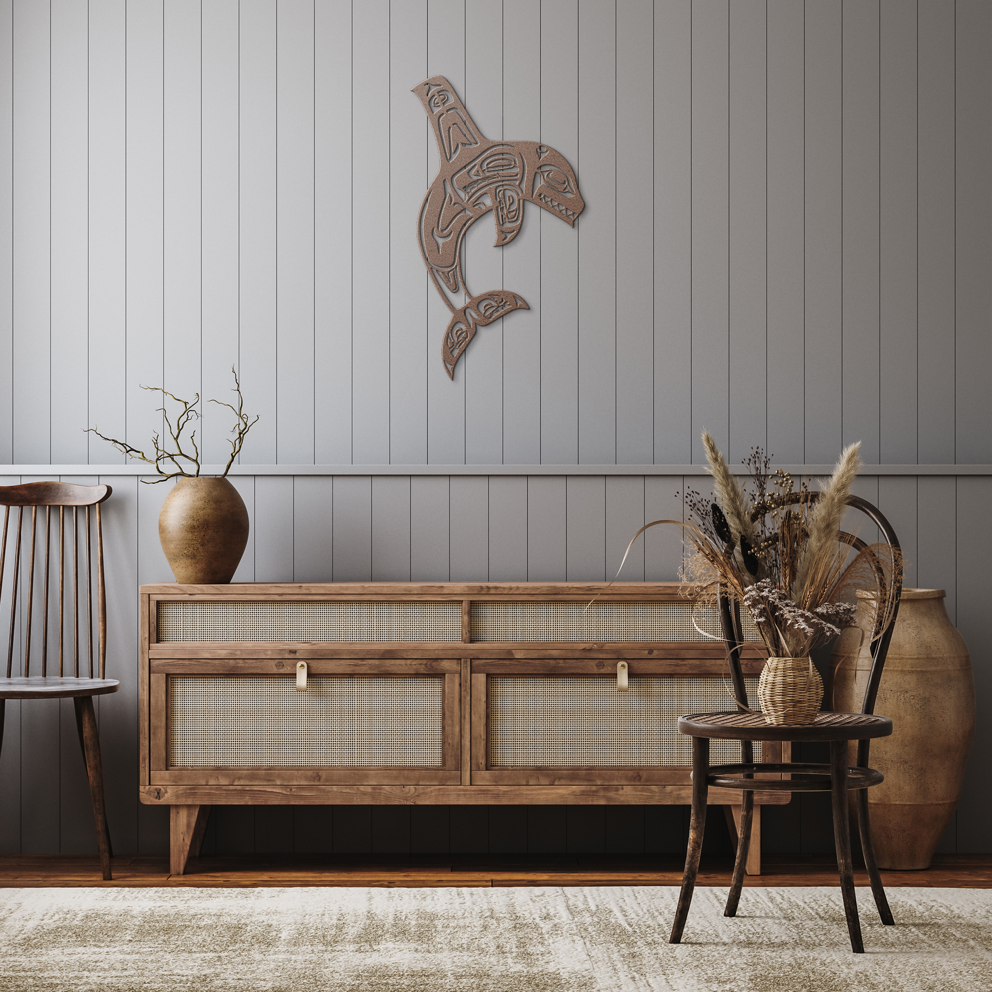 Northwest_Tribal_Orca_Totem_Pole_Metal_A_Copper_Rustic_Hallway_Mockup.png