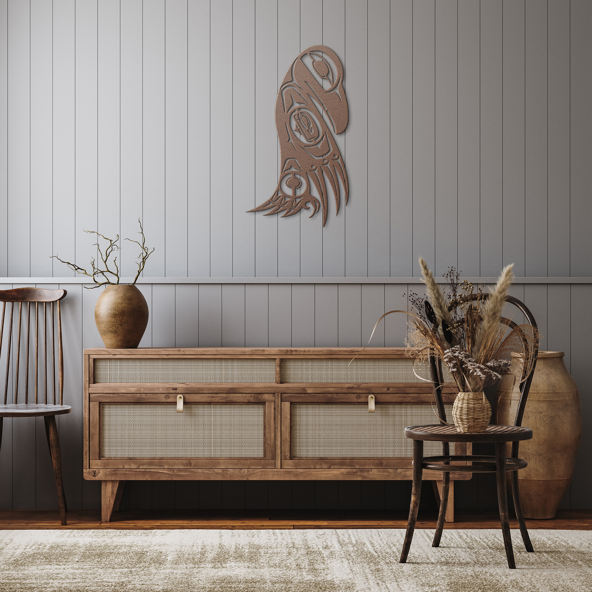 Northwest_Tribal_Raven_Totem_Pole_Metal__Copper_Rustic_Hallway_Mockup.png