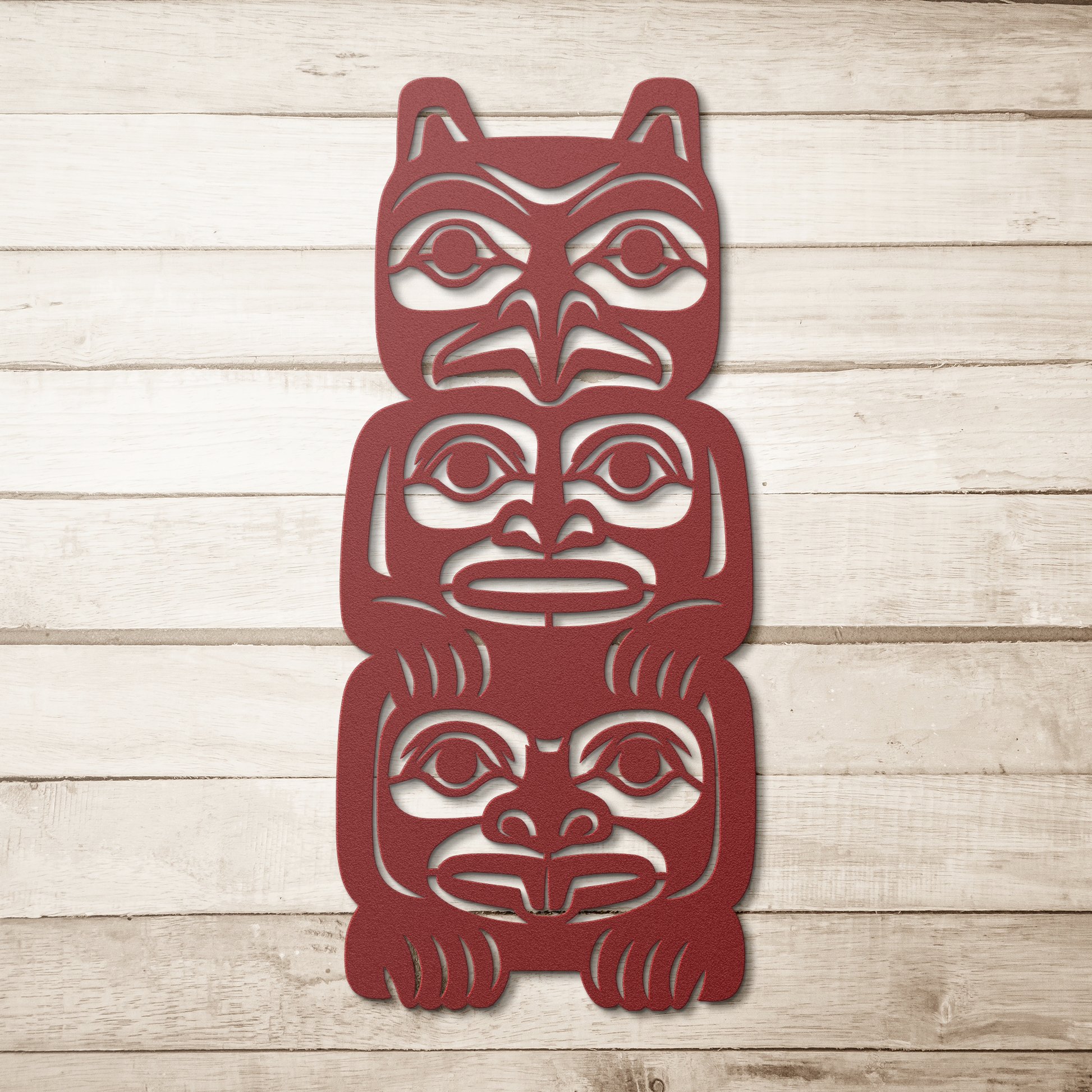 Northwest_Tribal_Totem_Pole_Metal_Sign__Red_Simple_Wood_BKGD_Mockup.png