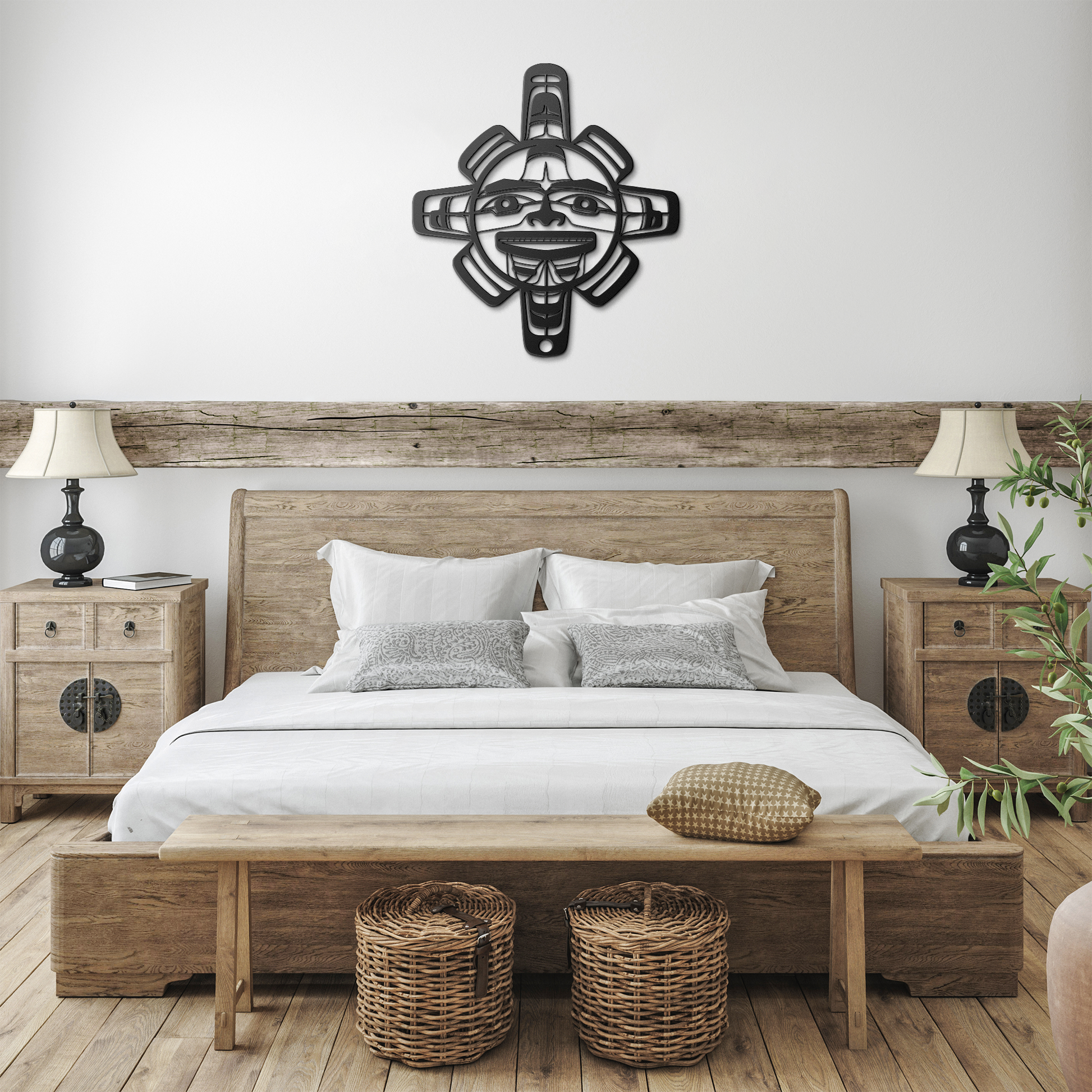 Pacific_Northwest_Tribal_Sun_Metal_Sign__Black_Farmhouse_Bedroom_Mockup.png