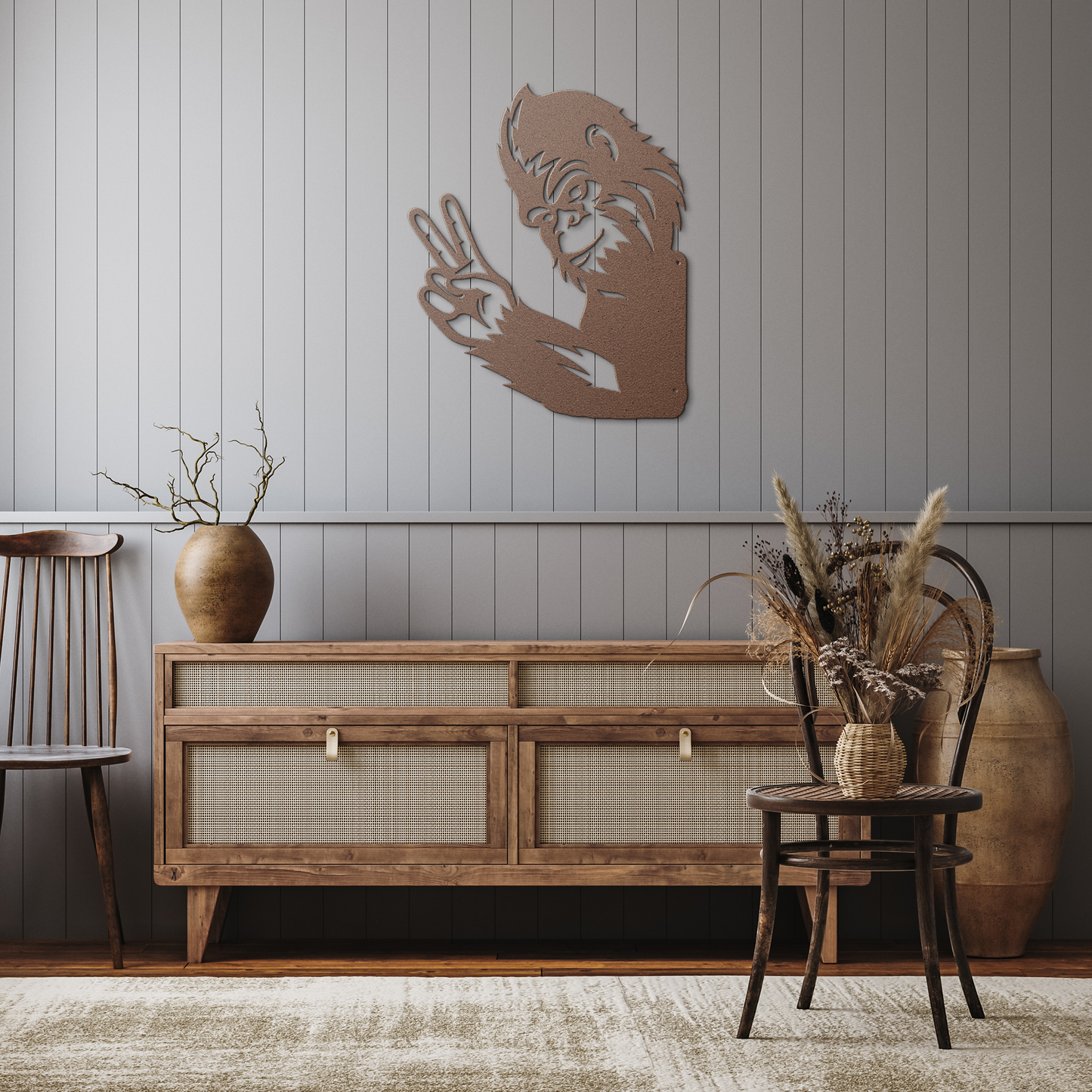 Peek-a-Boo_Peace_Sign_Bigfoot_Metal_Sign_Copper_Rustic_Hallway_Mockup.png