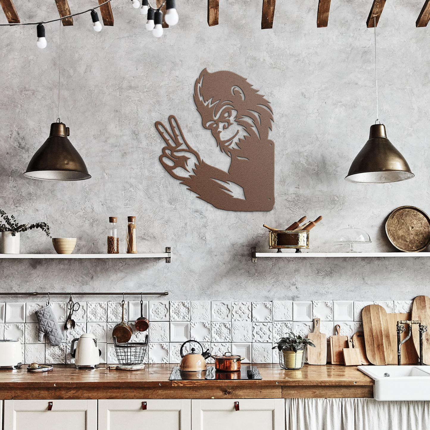 Peek-a-Boo_Peace_Sign_Bigfoot_Metal_Sign_Copper_Rustic_Kitchen_Mockup.png