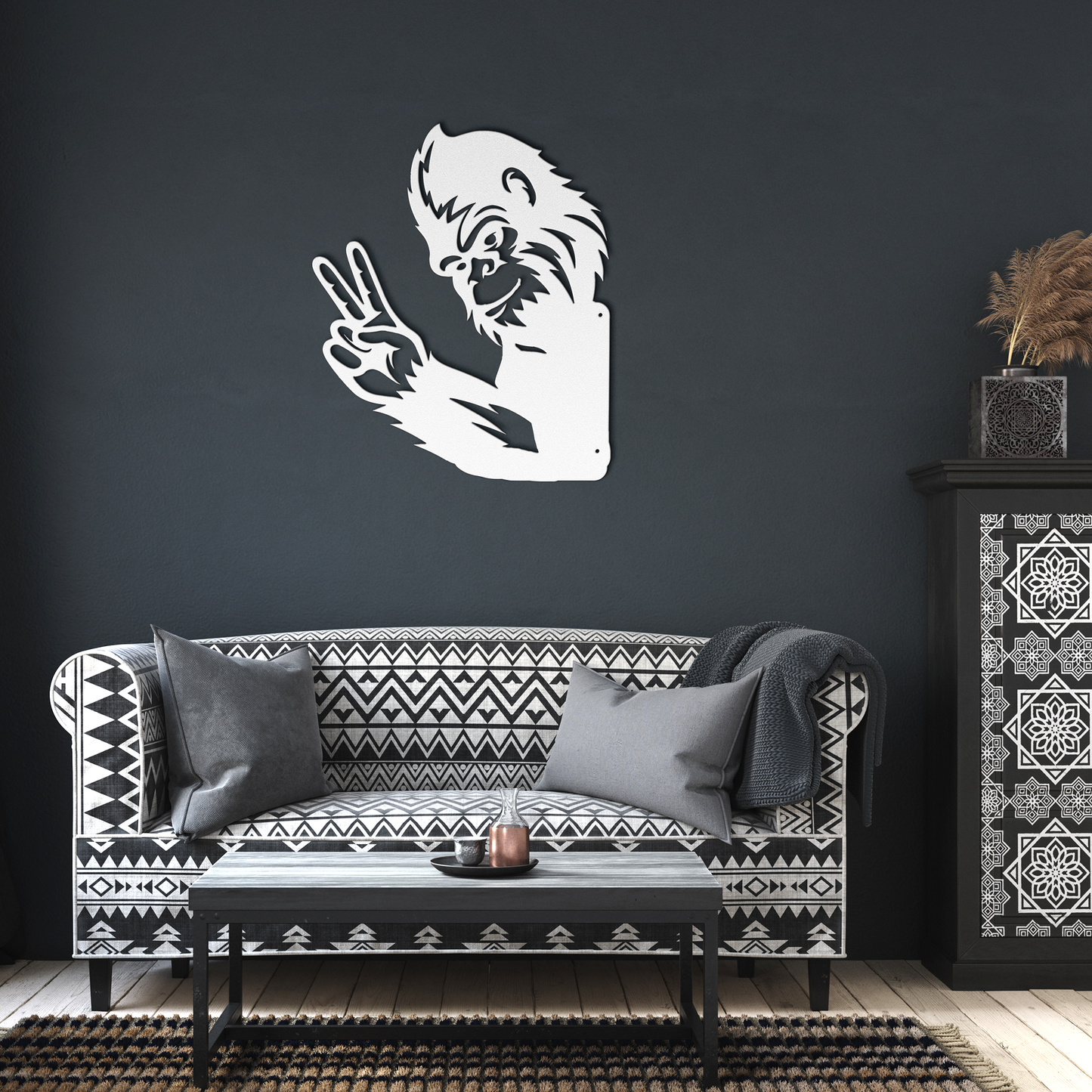 Peek-a-Boo_Peace_Sign_Bigfoot_Metal_Sign_White_Dark_Living_Room_Mockup.png