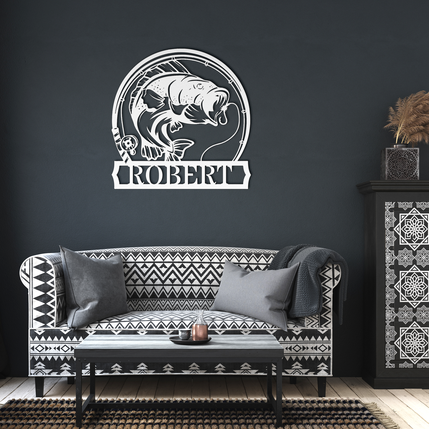 Personalized_Bass_Fish_Metal_Sign__Cu_White_Dark_Living_Room_Mockup.png