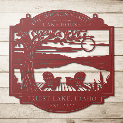 Personalized_Lake_House_Metal_Sign_Custo_Red_Simple_Wood_BKGD_Mockup.png