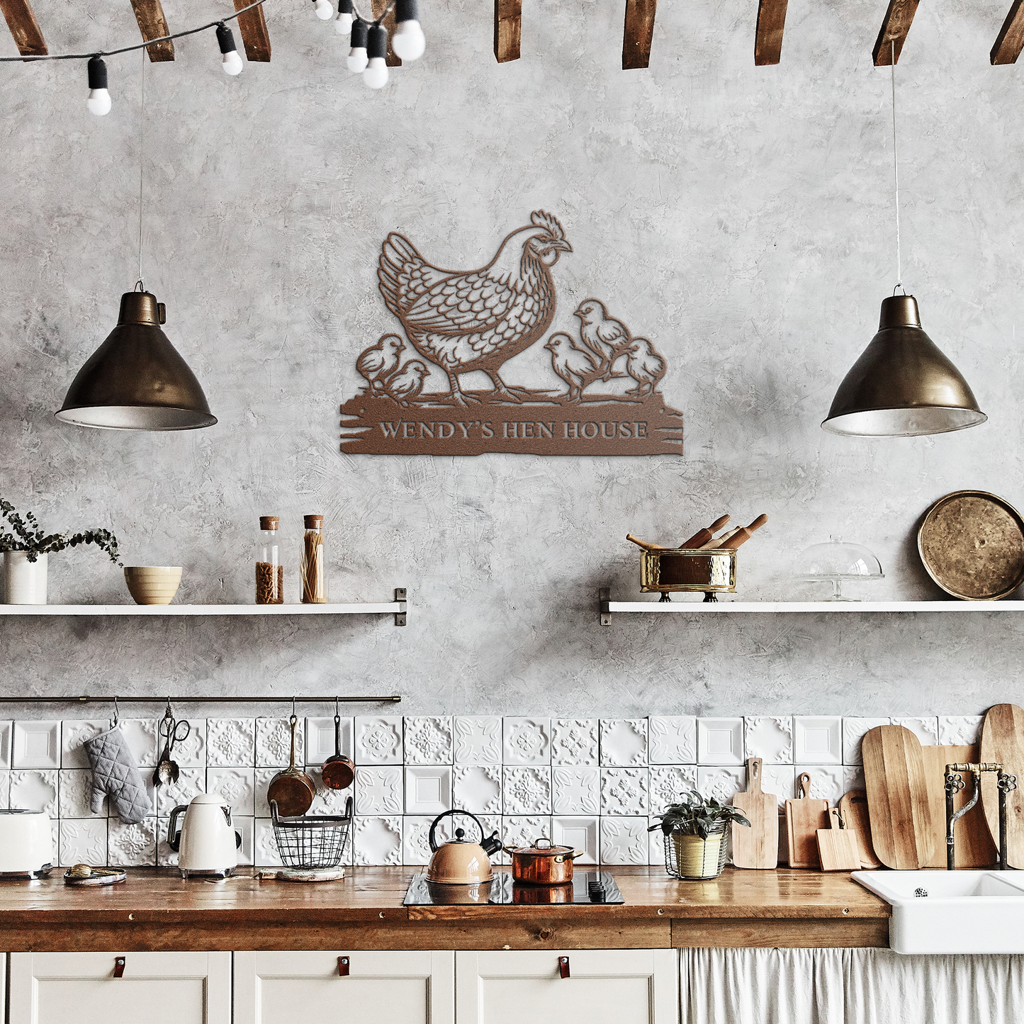 Personalized_chicken_farm_metal_sign_wit_Copper_Rustic_Kitchen_Mockup.png