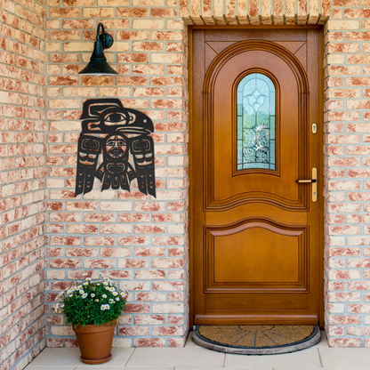 Tribal metal mask sign with intricate indigenous design in red finish