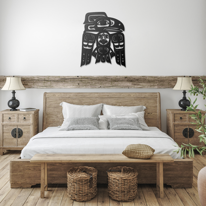 Close-up of Alaskan Native mask cut from powder-coated steel