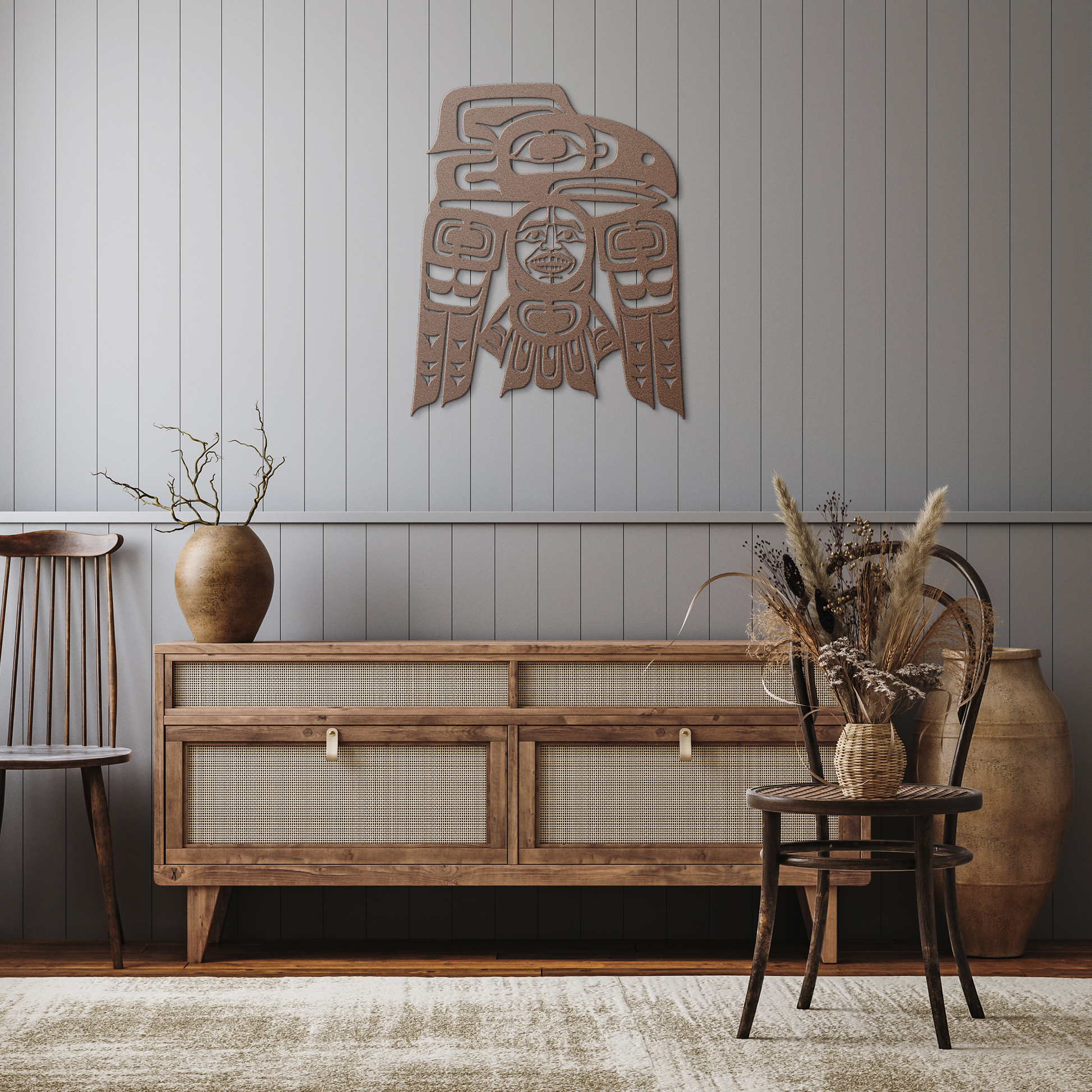 Raven_Tlingit_Haida_Metal_Sign__Alaskan_Copper_Rustic_Hallway_Mockup.png