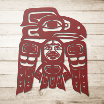 Raven_Tlingit_Haida_Metal_Sign__Alaskan_Red_Simple_Wood_BKGD_Mockup.png