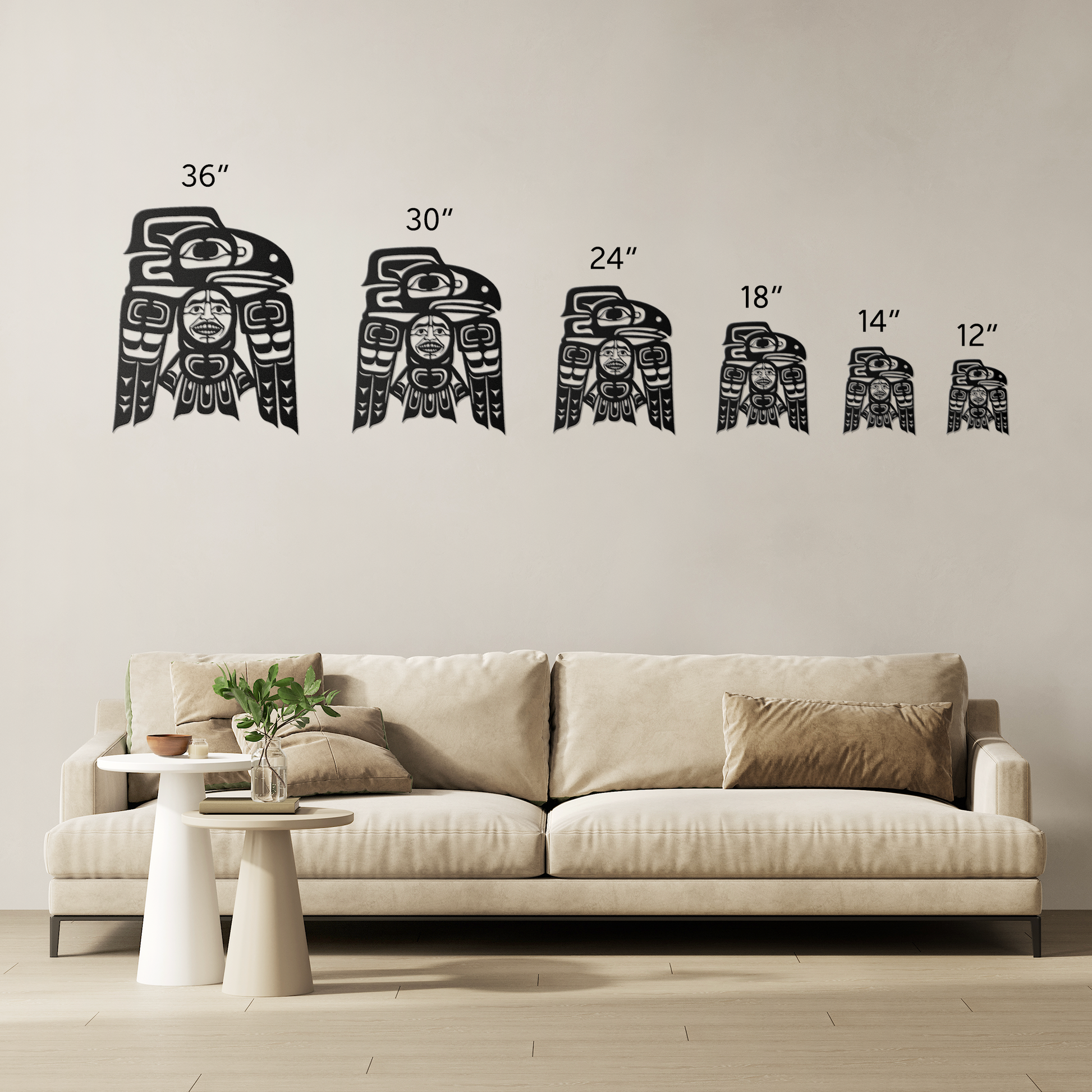 Custom cultural wall decor mounted on lodge entryway in copper