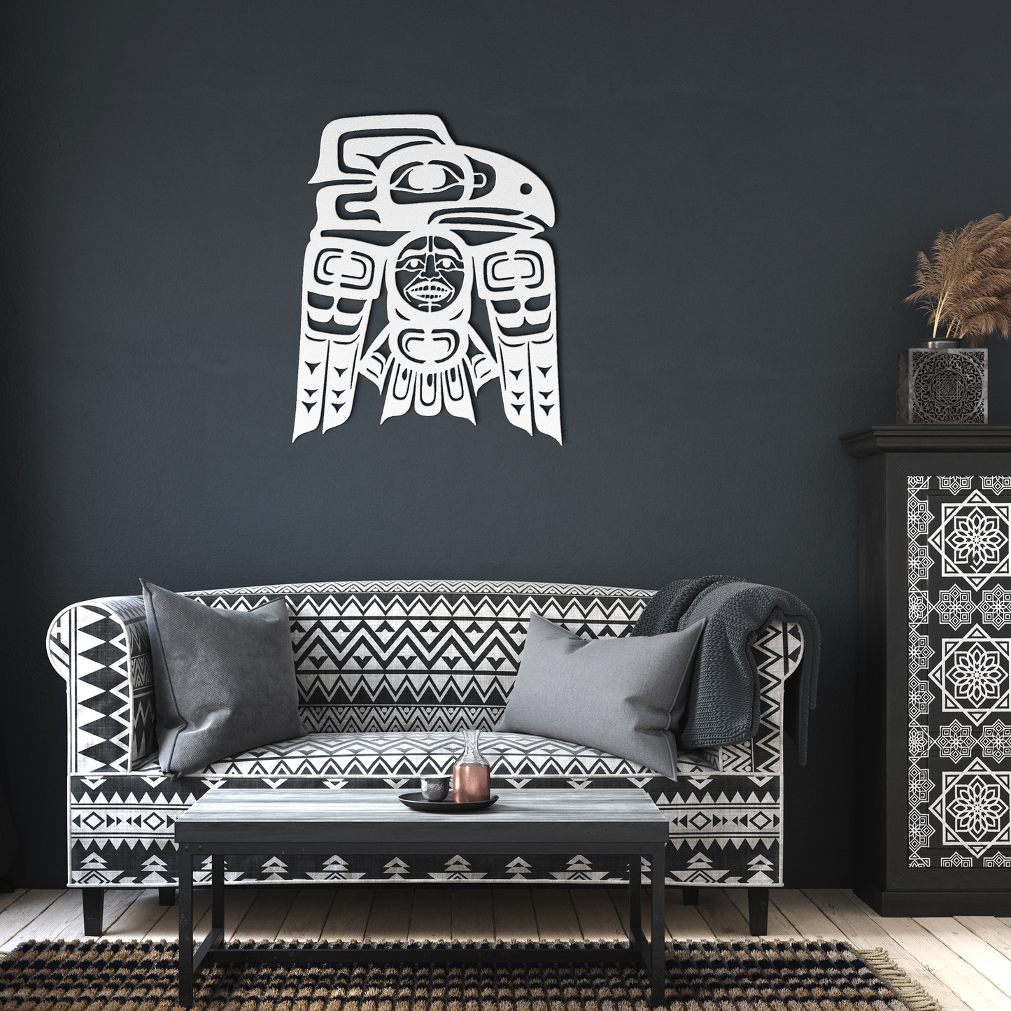 Raven_Tlingit_Haida_Metal_Sign__Alaskan_White_Dark_Living_Room_Mockup.png