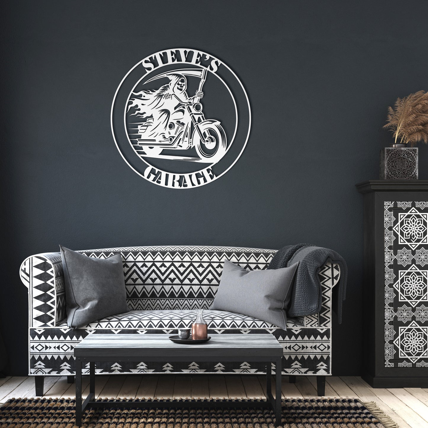 Reaper Riding a Harley Davidson Motorcycle Custom Garage Sign