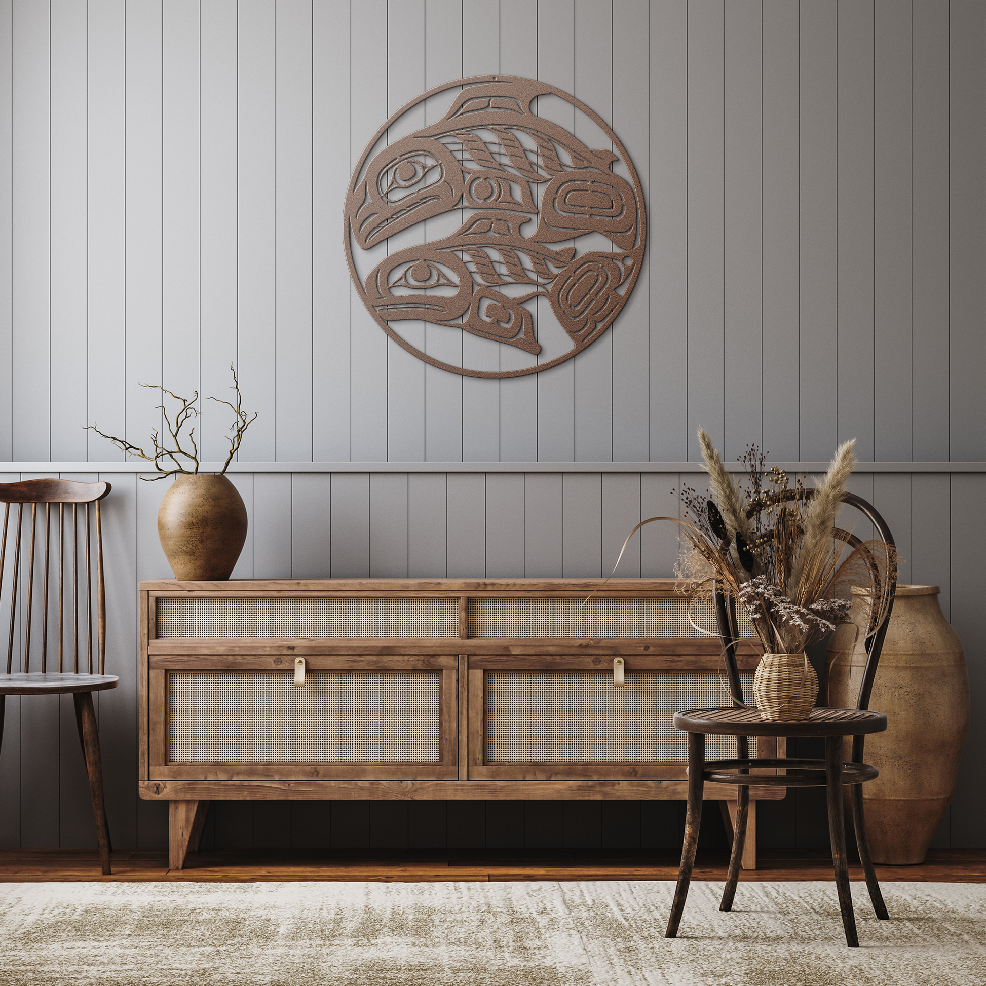 Salmon_Tlingit_Haida_Metal_Sign__Alaska_Copper_Rustic_Hallway_Mockup.png