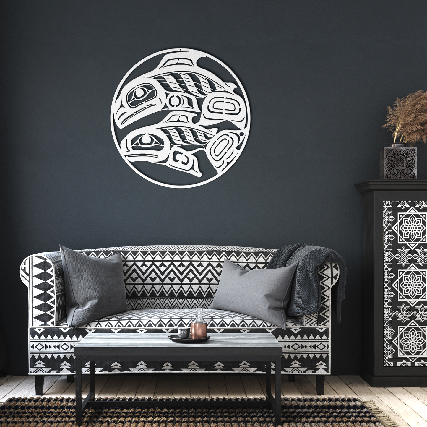 Salmon_Tlingit_Haida_Metal_Sign__Alaska_White_Dark_Living_Room_Mockup.png