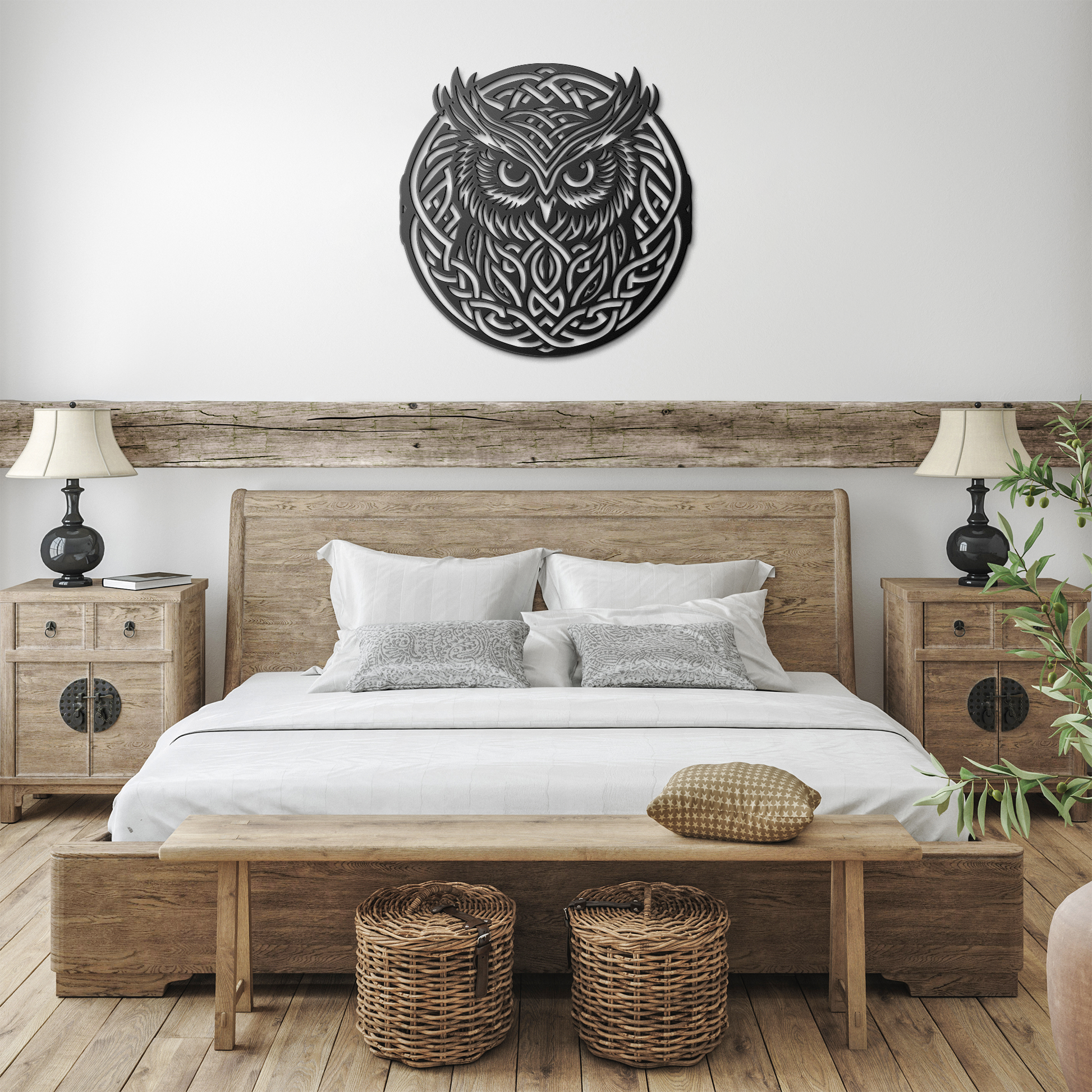 Tribal_Celtic_Knot_Owl_Metal_Sign__Cust_Black_Farmhouse_Bedroom_Mockup.png